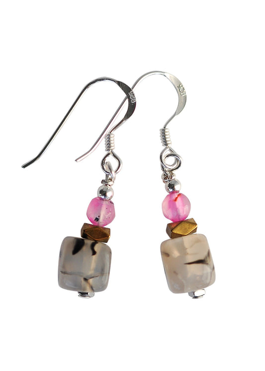 Pale grey & pink agate stone earrings