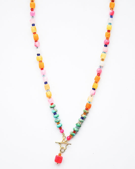 A beaded necklace with multicolored agate stones and a gold plated heart-shaped or star gold toggle clasp