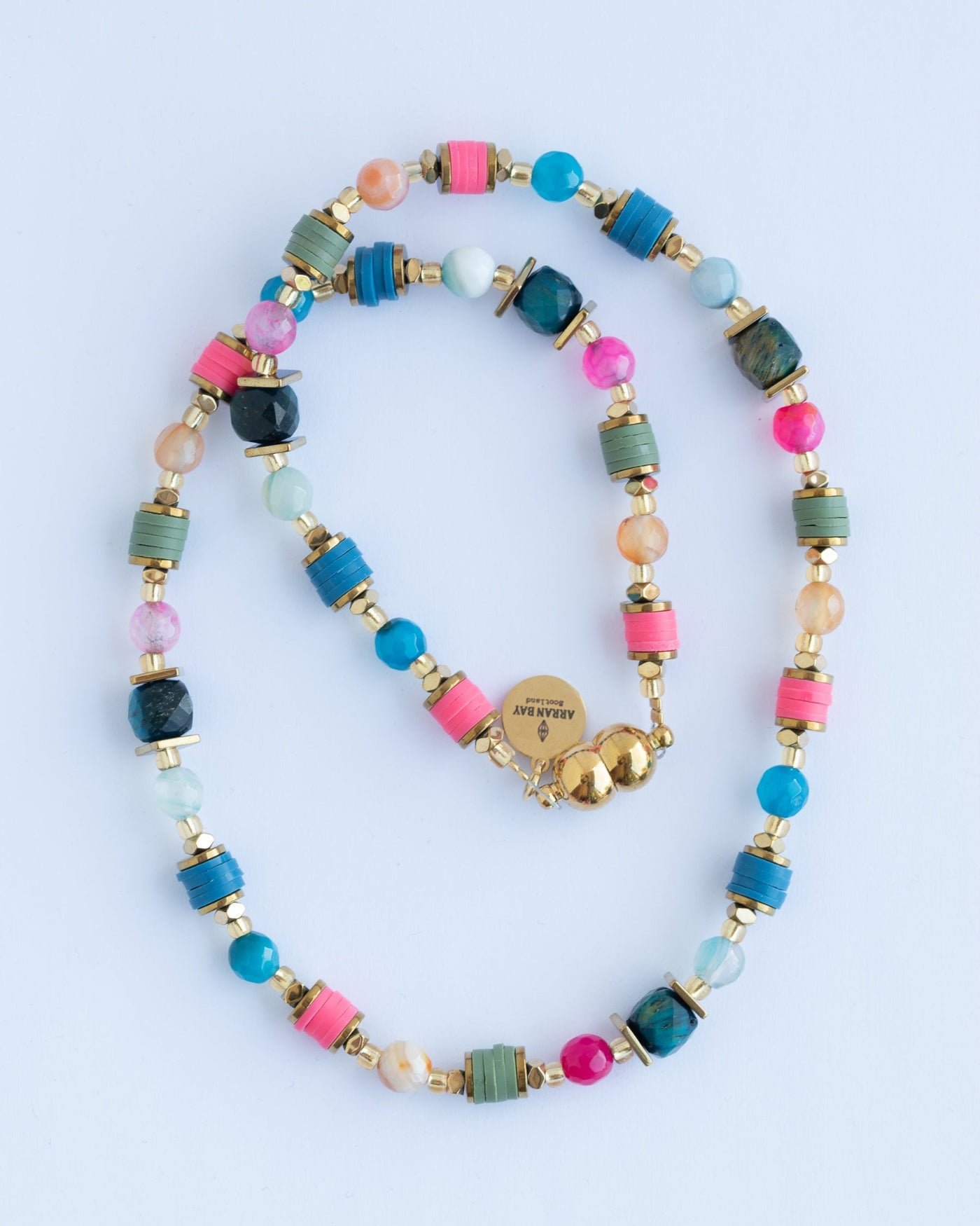 Colorful beaded gemstone necklace with gold clasp
