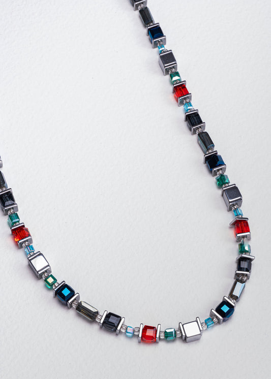 classic necklace with shimmering hematite in silver, navy and red glass