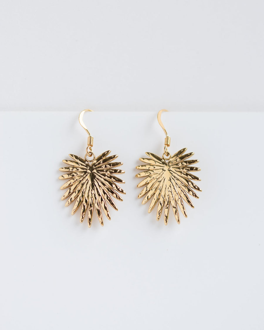 Gold palm leaf-shaped earrings on 22k gold plate sterling hooks
