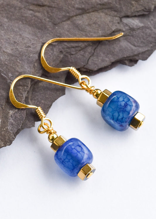 Cobalt blue and gold agate earrings