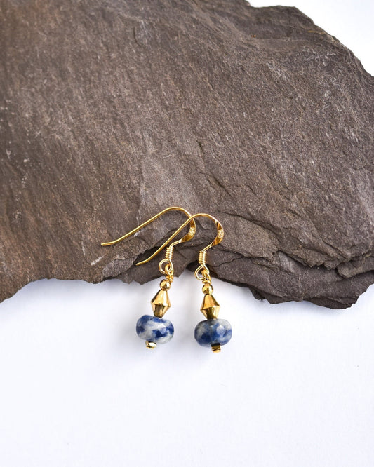 Gold earrings with blue gemstone beads