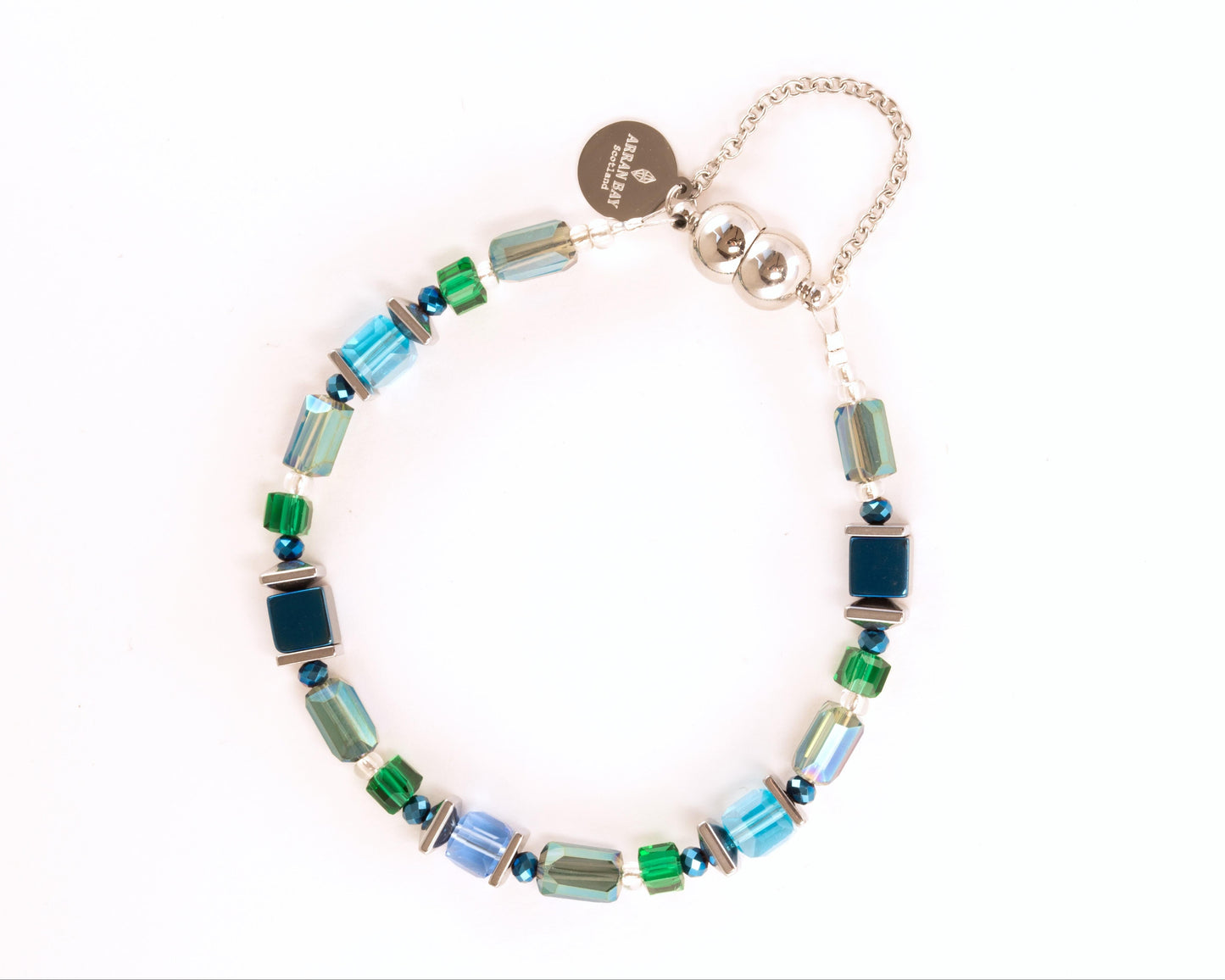 Multicolored beaded bracelet with a silver clasp on a white background