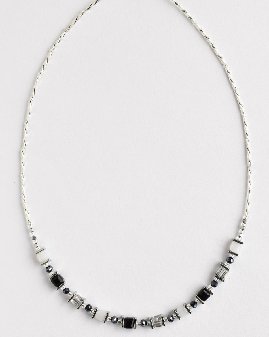 Dark grey, navy and silver glass necklace