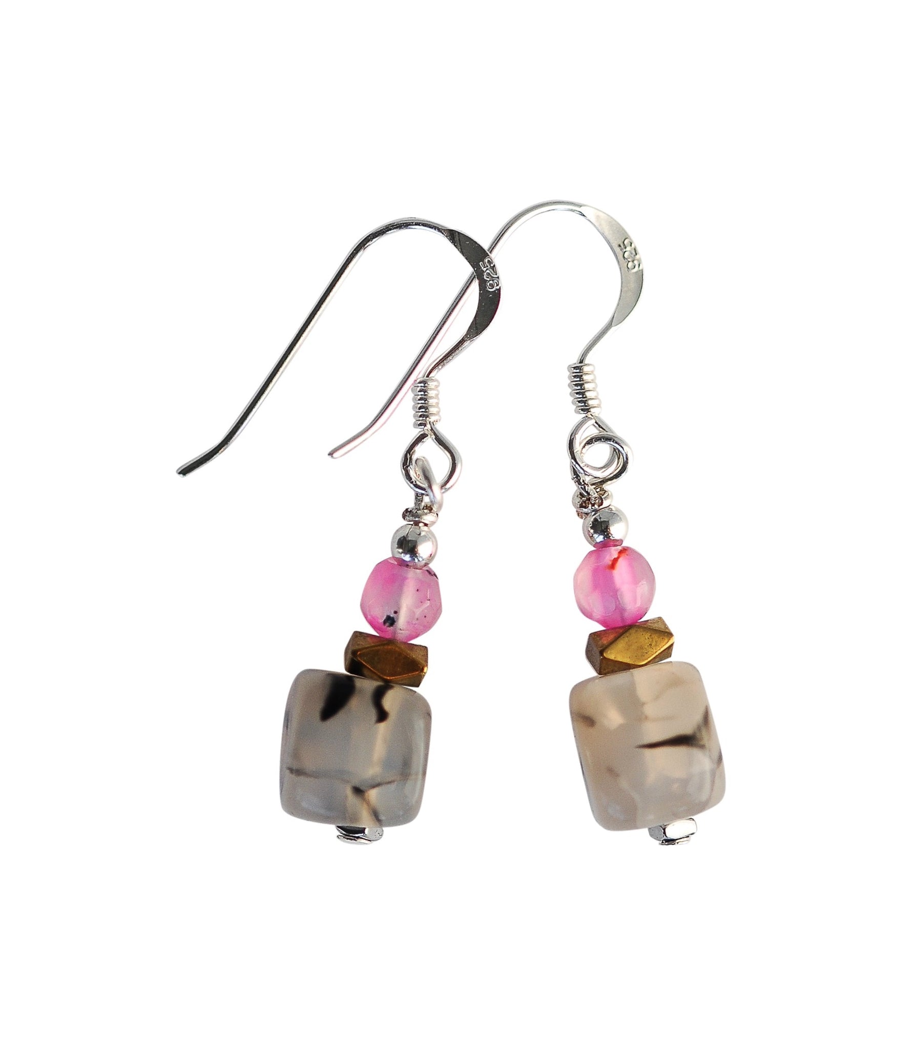 Pale grey & pink agate stone earrings