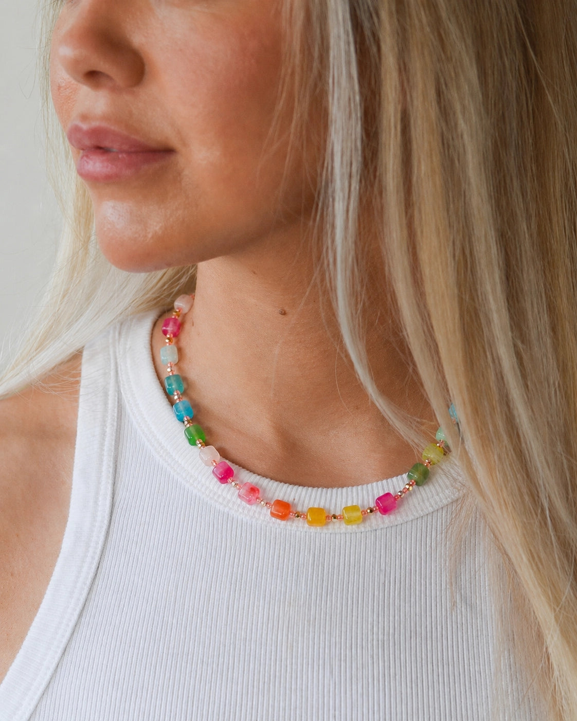 summer rainbow gemstone agate necklace on model