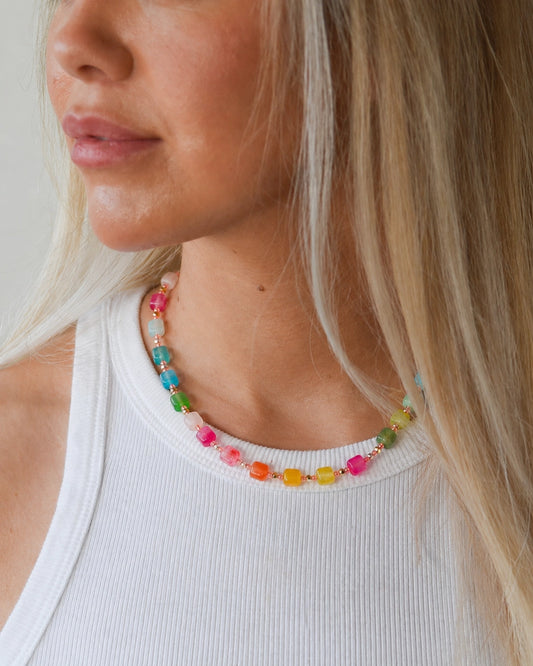 summer rainbow gemstone agate necklace on model