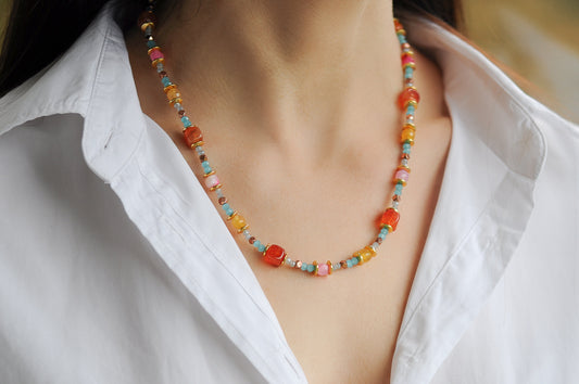 Orange and pink gemstone necklace