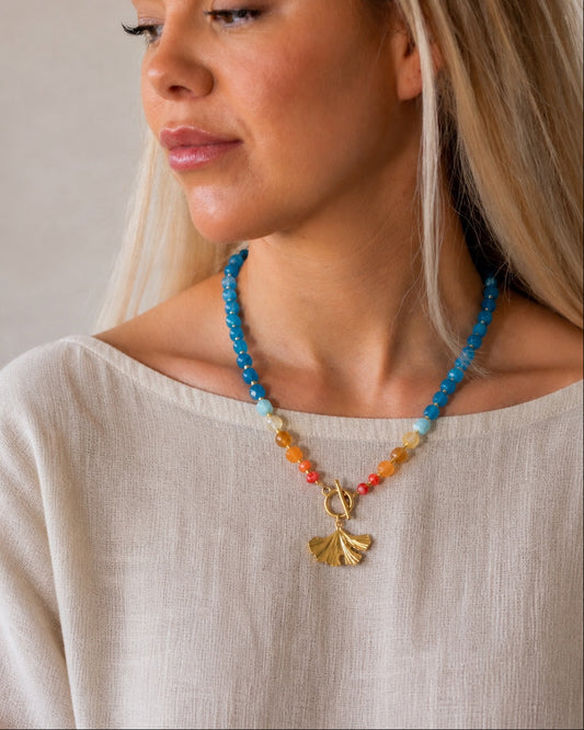 Blue gemstone ginko gold leaf pendant necklace