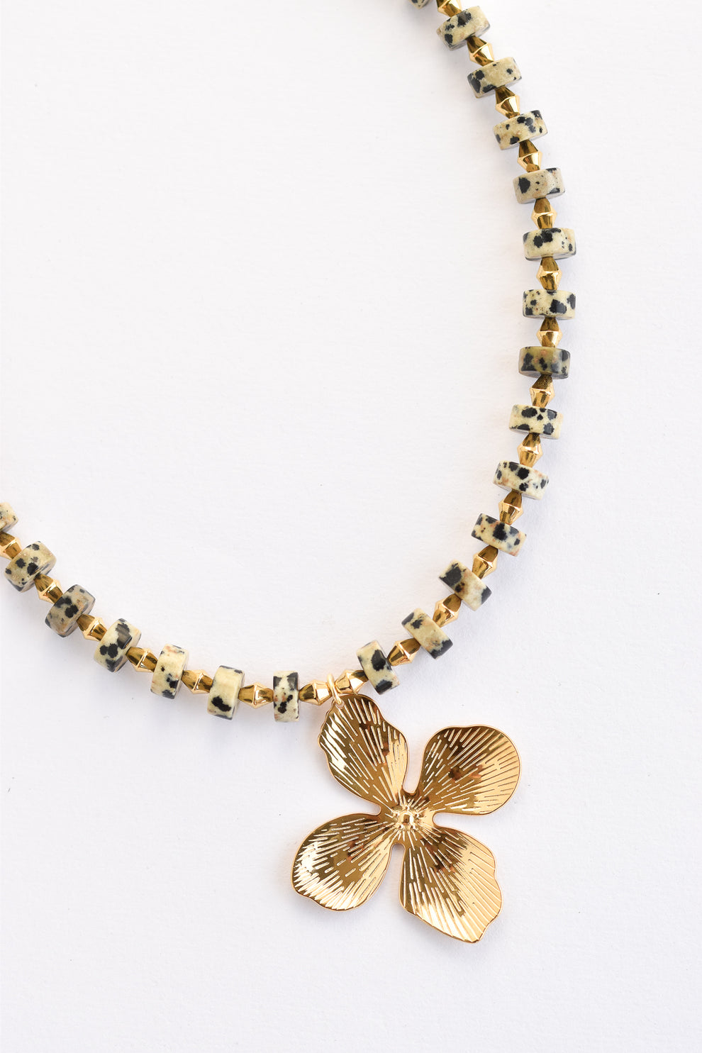 Coco Necklace | Dalmatian Jasper & Gold Flower Pendant | Arran Bay ...