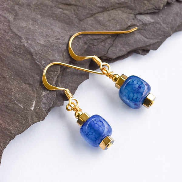 Cobalt blue and gold agate earrings