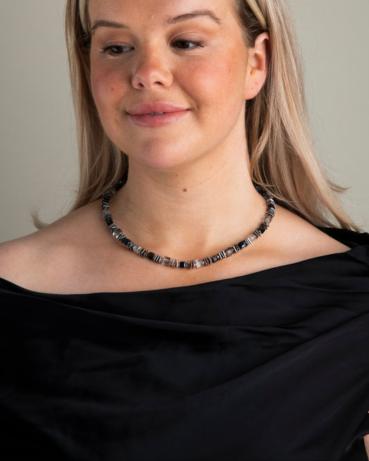 Slices of silver hematite and sparkly glass necklace