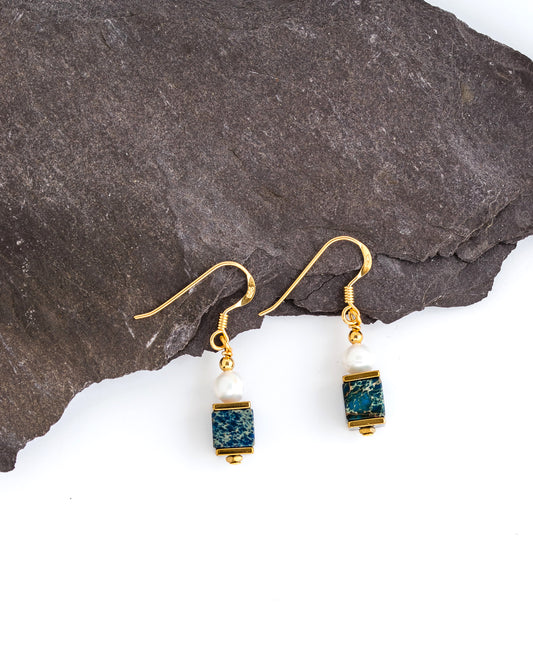Blue jasper and pearl earrings