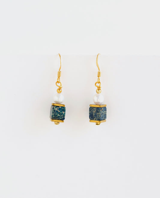 Blue jasper and pearl earrings