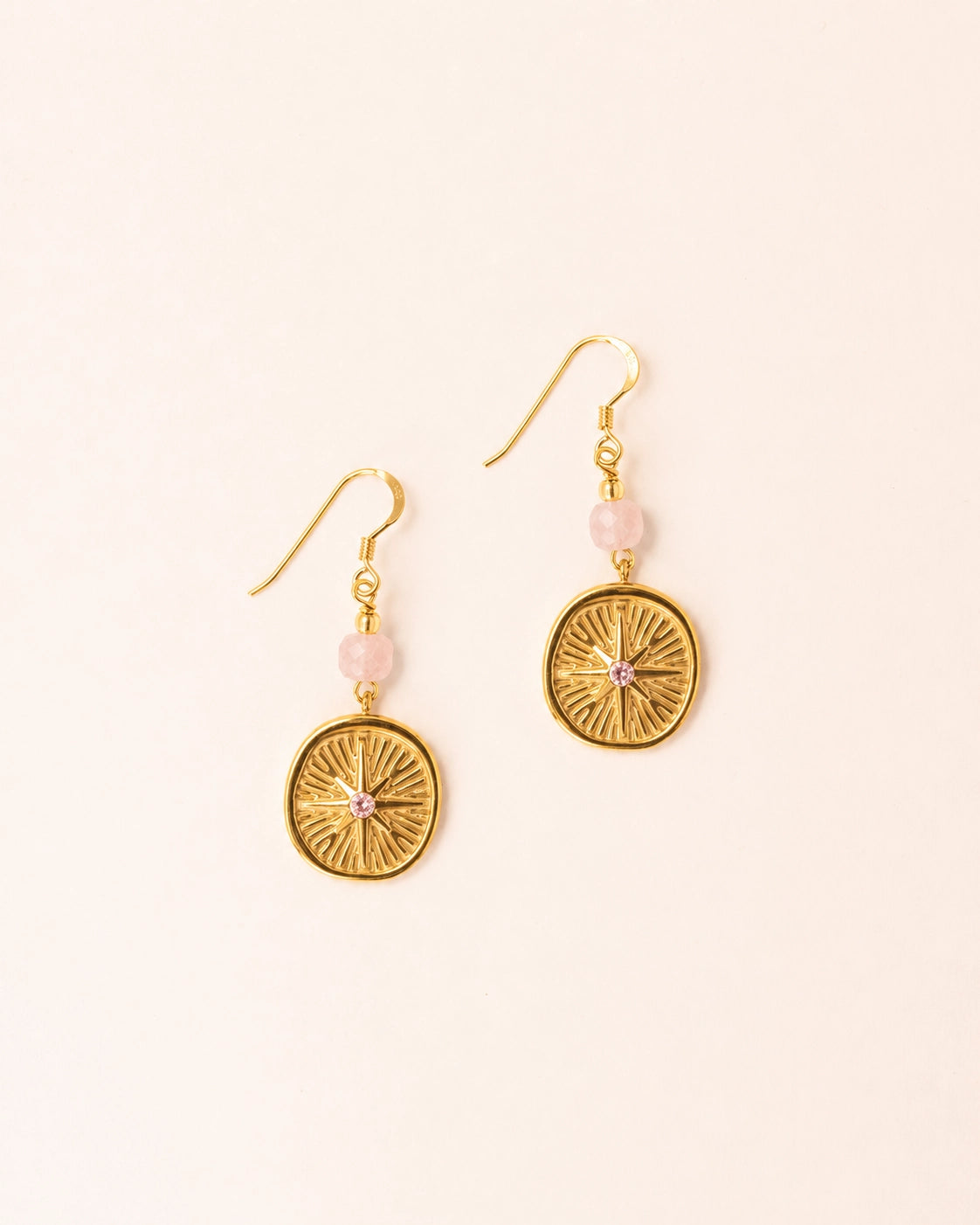 gold plate compass drop earrings with rose quartz beads.