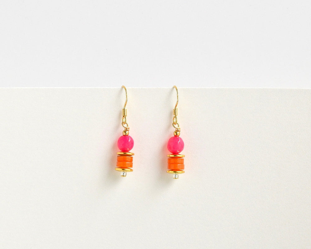Pair of earrings with pink and orange beads on a white background